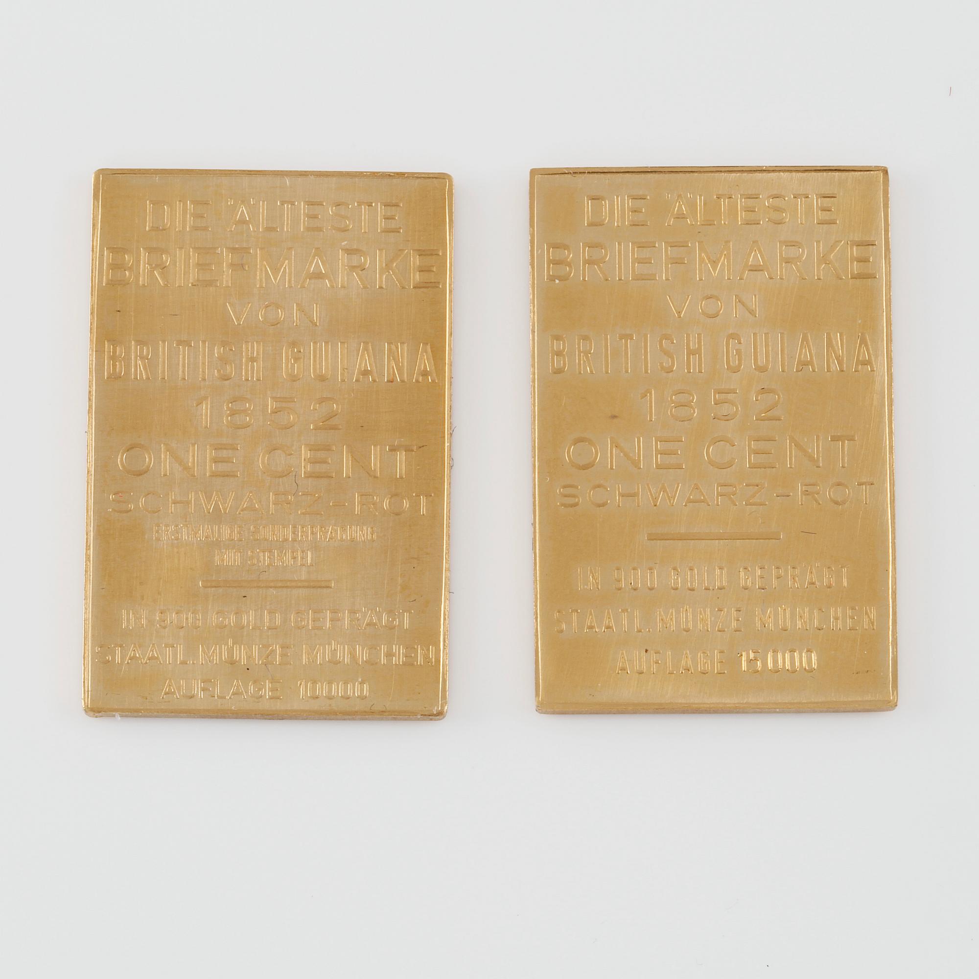 PLAKETTER, 2 st, guld, Tyskland, 1900-talets andra hälft, vikt 20 g.