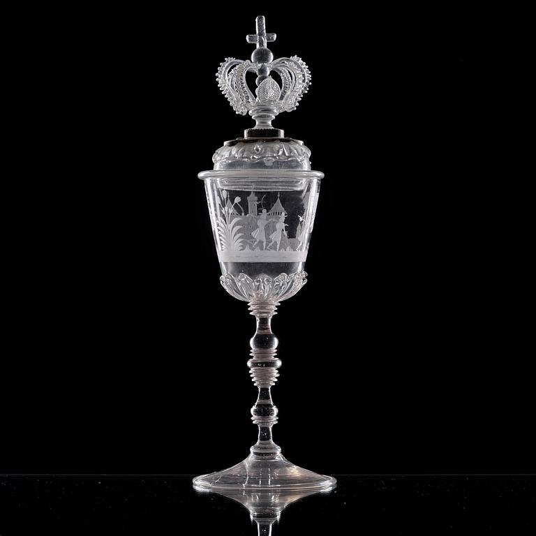 POKAL med samtida men ej ursprungligt LOCK, glas. Tyskland samt locket Kungsholms glasbruk, 1700-tal.
