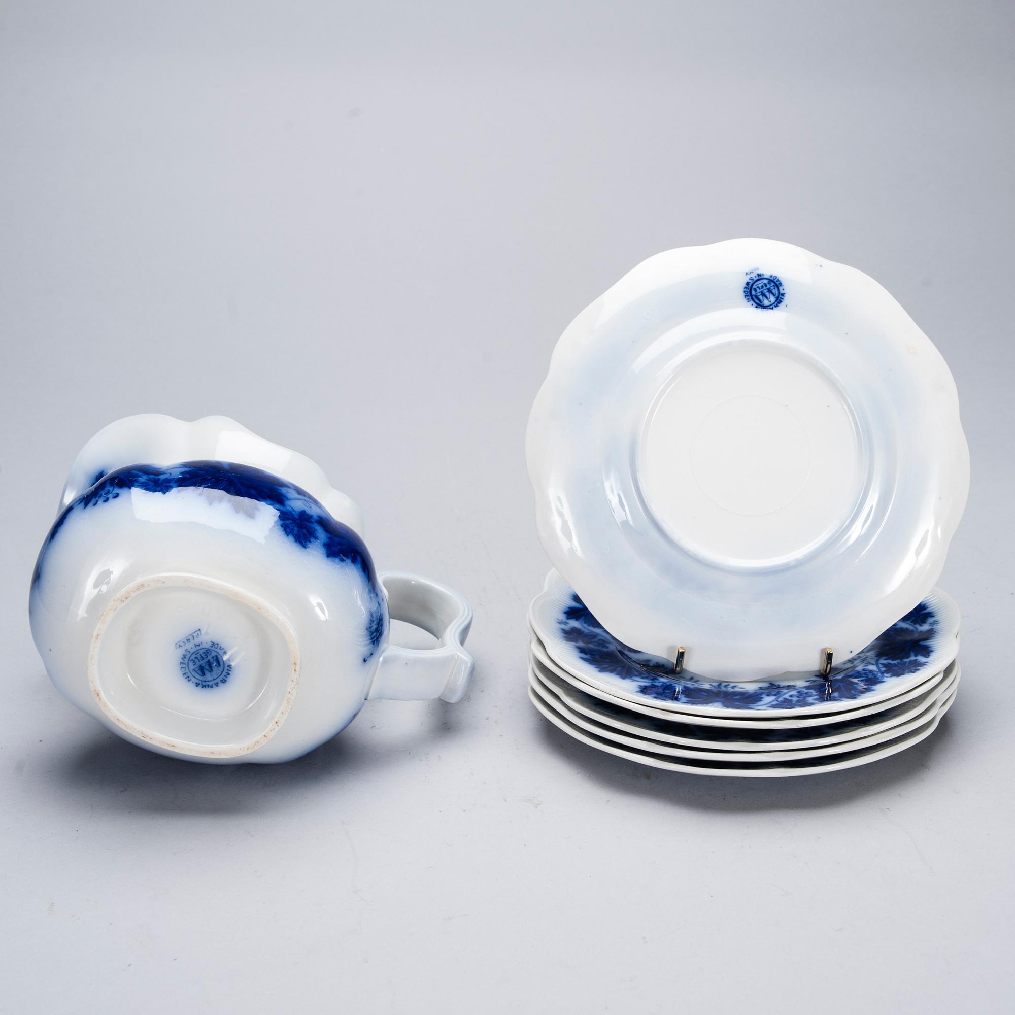 KANNA OCH 6 TALLRIKAR, porslin, "Vinranka", (blå 1938-1969), Arthur Percy, Gefle.