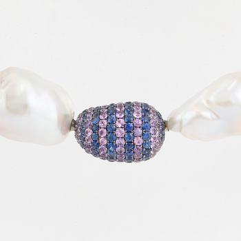 Cultured baroque freshwater pearl necklace, clasp Gaudy white gold with sapphires.