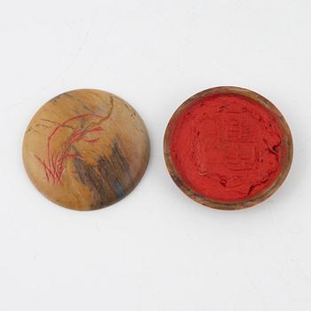 A set of four stone scholars objects and a enameled silver box with cover, Qing dynasty, circa 1900.