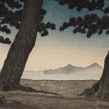 Kawase Hasui, "Pine Trees at Toyama", kolorerat träsnitt, Japan, 1900-tal.