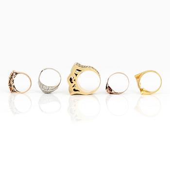 PARTI RINGAR, 5 st, olika guldhalter med bla diamanter. Total vikt ca 24,81 g.