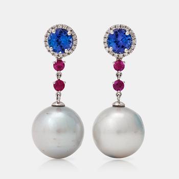 1215. A pair of cultured South sea pearl, ruby, diamond and tanzanite earrings.