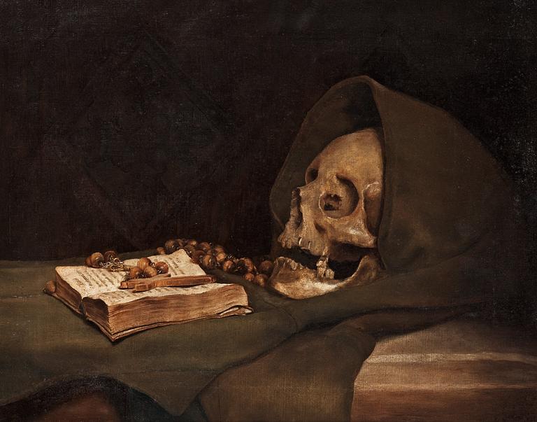 Unknown artist, 19th C. Vanitas Still life with scull and rosary.