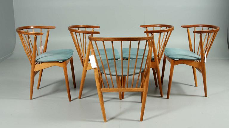 STOLAR, 5 st. "Solfjädern" design Sonna Rosén, Nässjö Stolfabrik. Formgiven 1948.