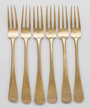 228. FORKS, 6 pcs. 84 gilt silver. Moscow 1825. Marked Eш. Assay master Nikolai Dubrovin.