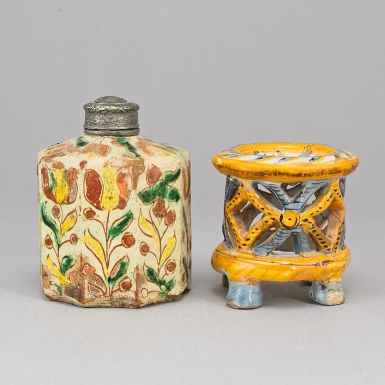 A majolica salt and a tea caddy, part Italian, 18th Century.