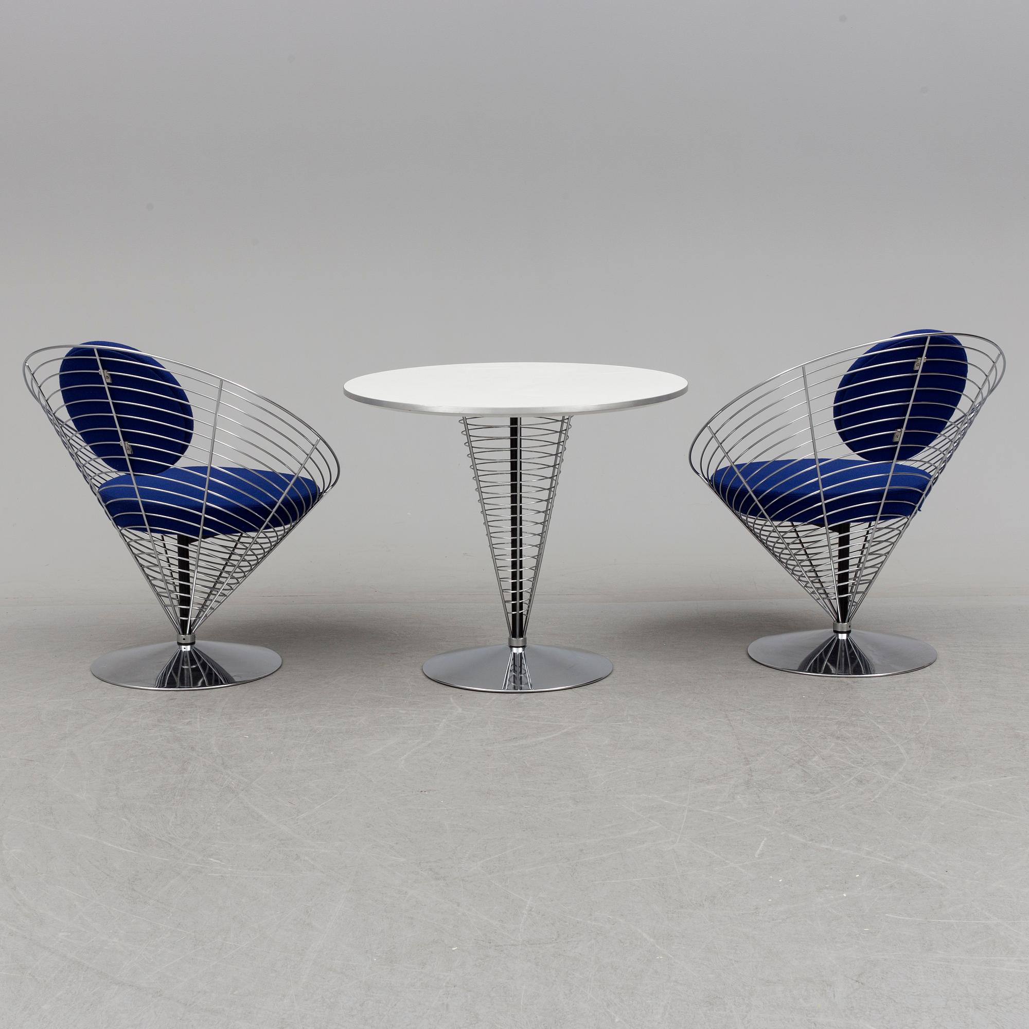 VERNER PANTON, PHILIPPE STARCK,  a set of two "Wire Cone" chairs and a table Fritz Hansen, late 20th century.