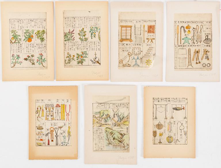 SHEETS from woodblock book, 17 pc, Japan, 19th century.