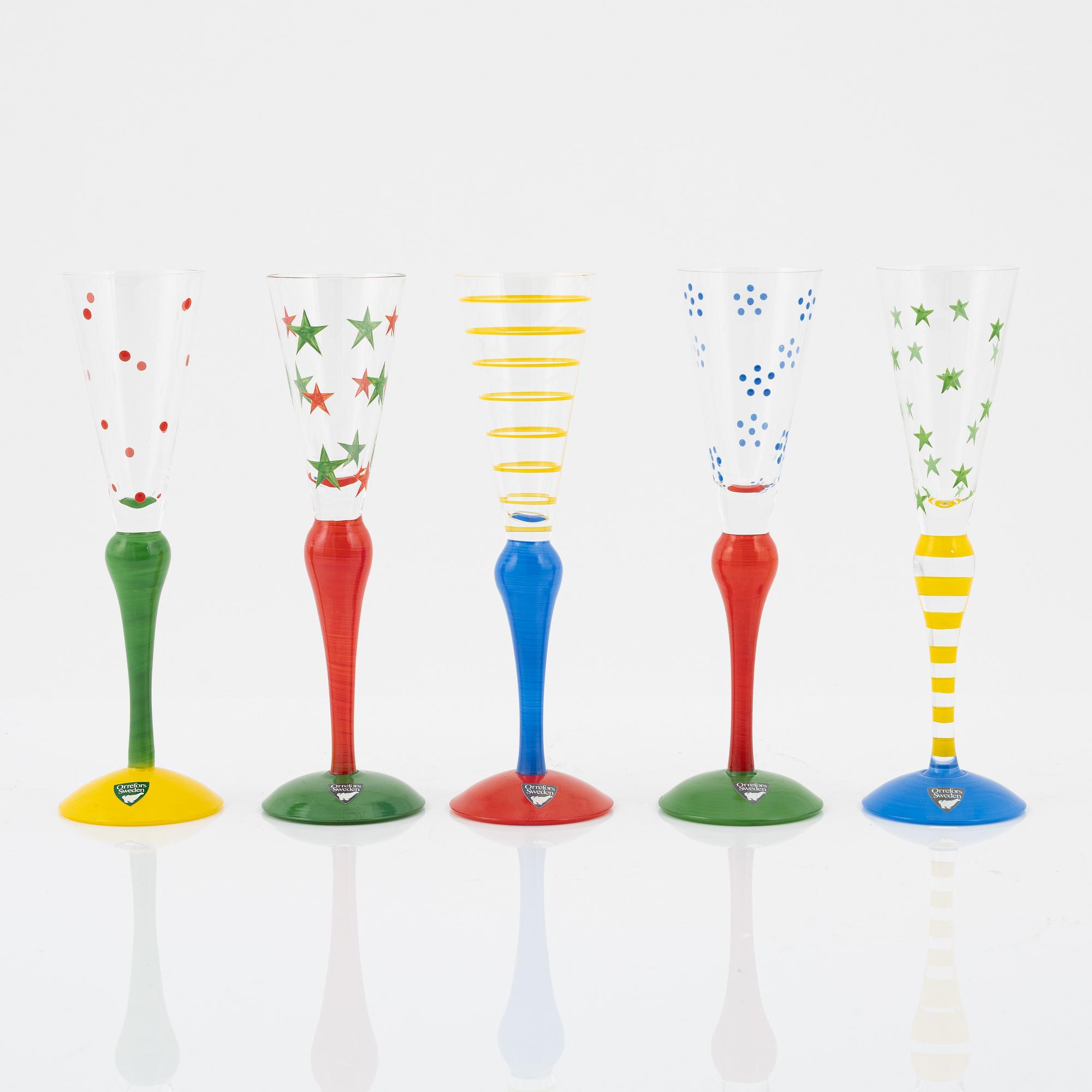 Anne Nilsson, snapsglas, 13st, "Clown", Orrefors, signerade.