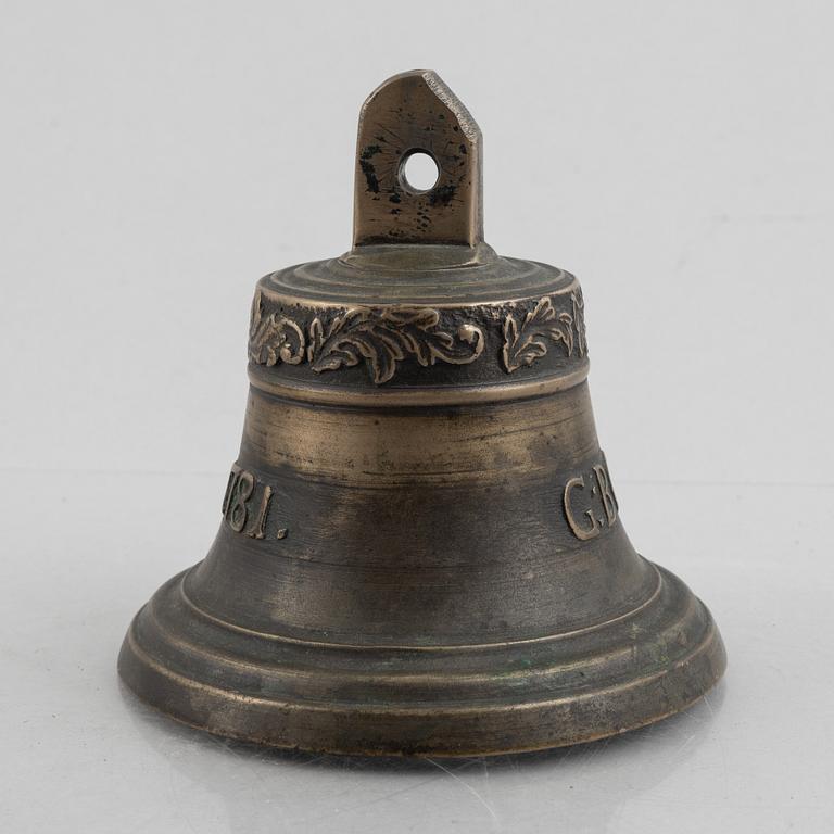 A bronze bell, marked Gothenburg, Sweden, an dated 1781.