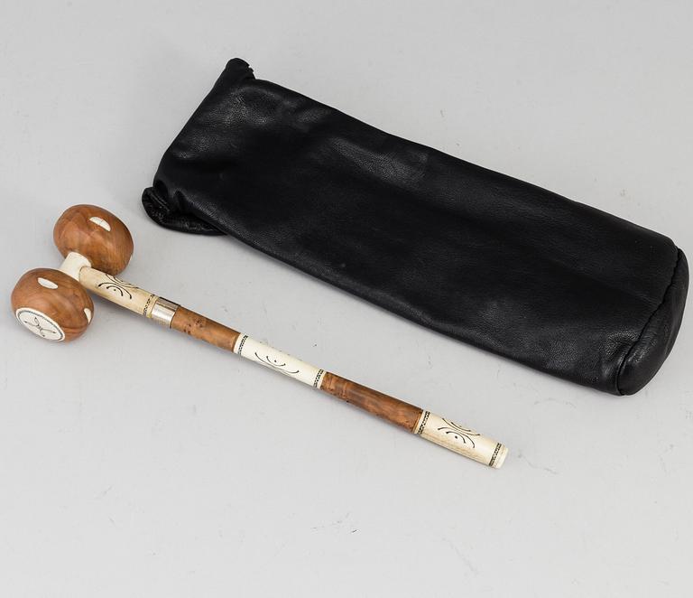 A Sami birch and reindeer horn mallet, signed GL.