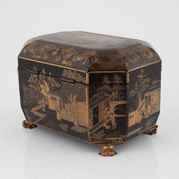 A lacquer box with pewter tea caddies, China, Qingdynasty, 19th century.