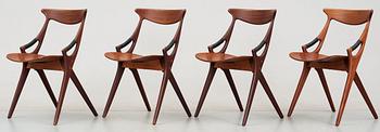 A set of four Arne Hovmand-Olsen teak and mahogany chairs, Mogens Kold, A/S Kerteminde, Denmark 1950's.