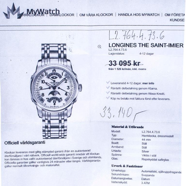 Longines Saint-Imier Moonphase Automatic SET L2.764.4.73.6, wristwatch 44 mm.