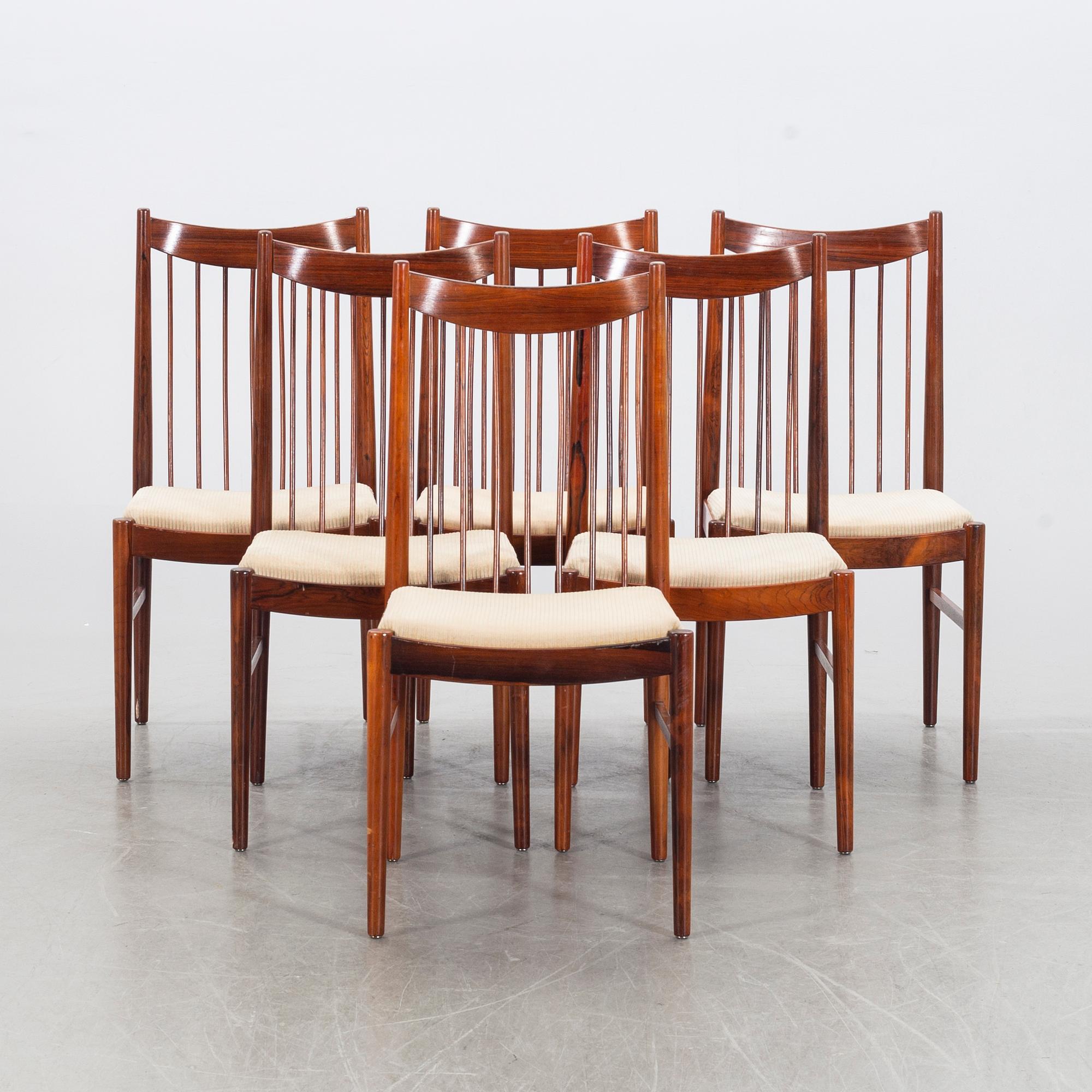 ARNE VODDER, stolar, 6 st, palisander, 1960-tal, Cites-intyg medföljer.