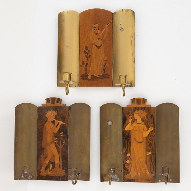 Vägglampetter, 3 st, Mjölby Intarsia, 1930-tal.