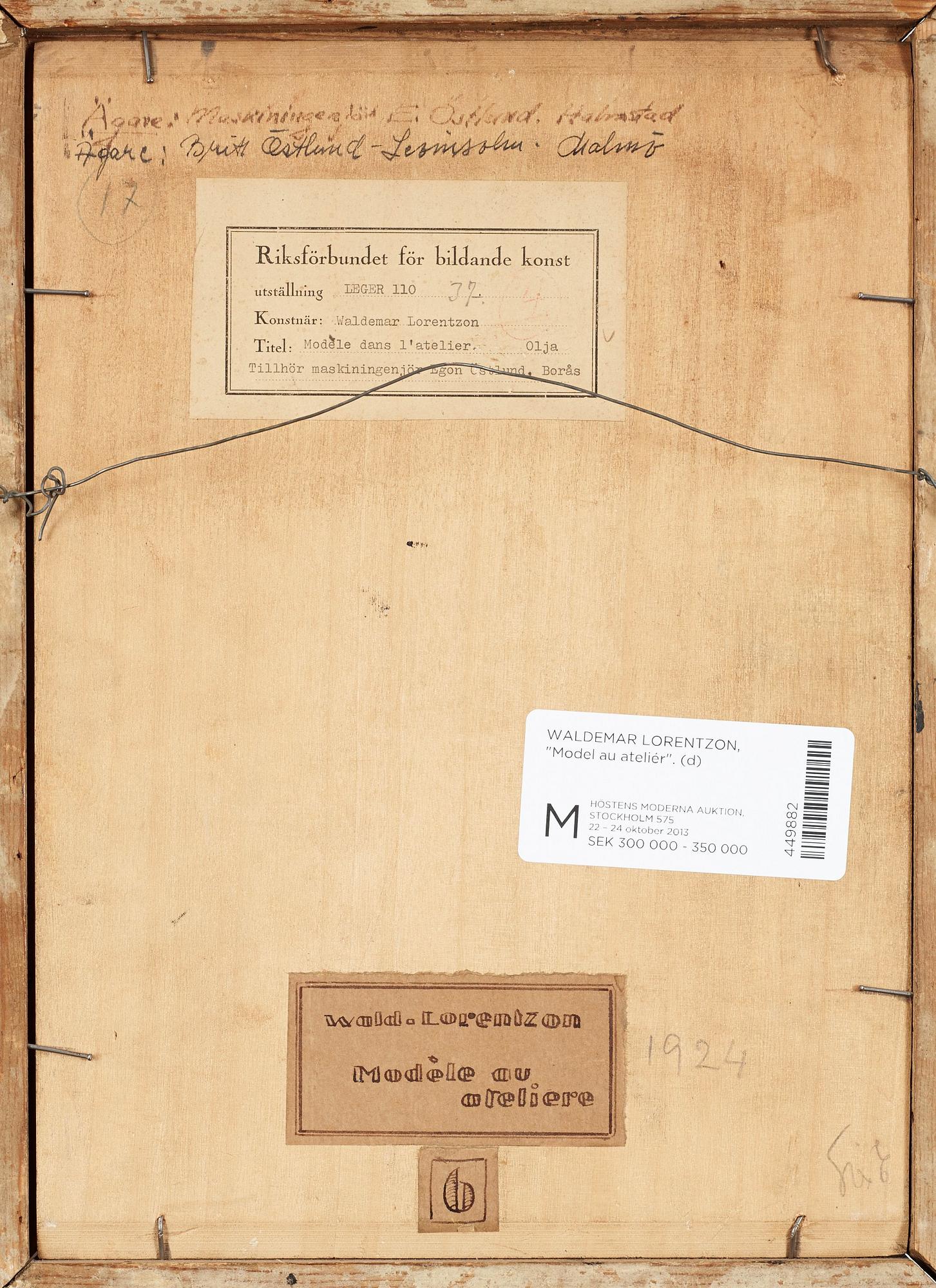 Waldemar Lorentzon, "Modèle au ateliere".