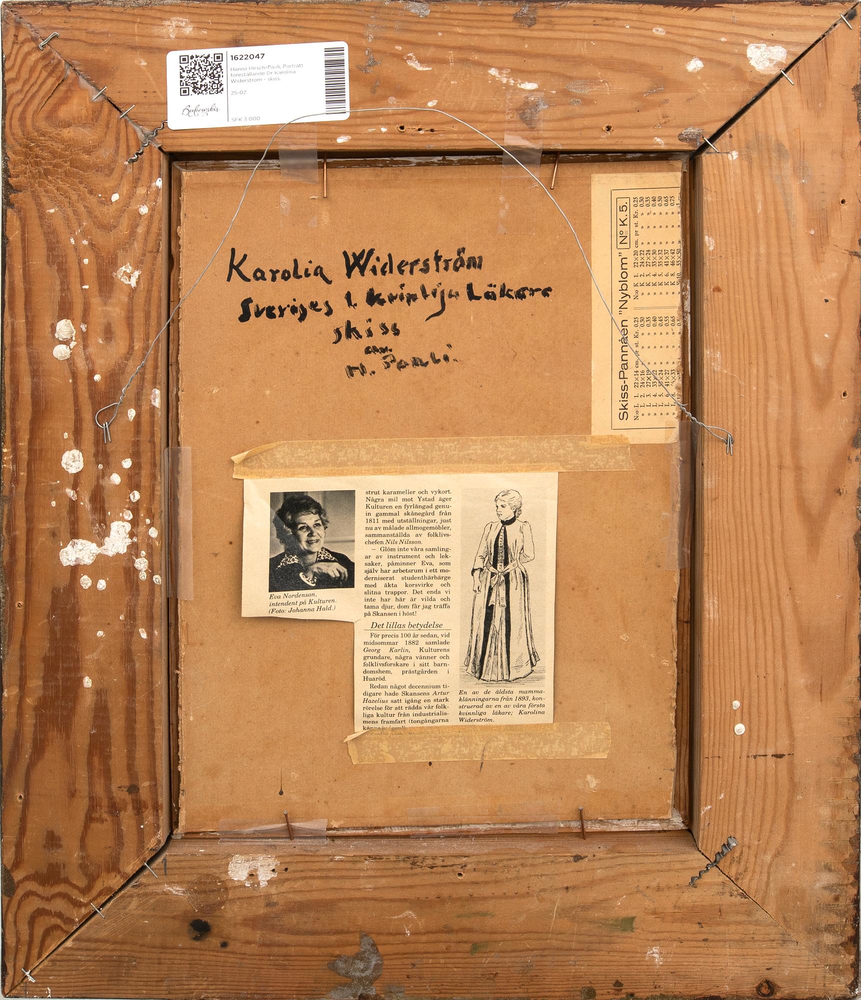 Hanna Hirsch-Pauli, Porträtt föreställande Dr Karolina Widerström - skiss.