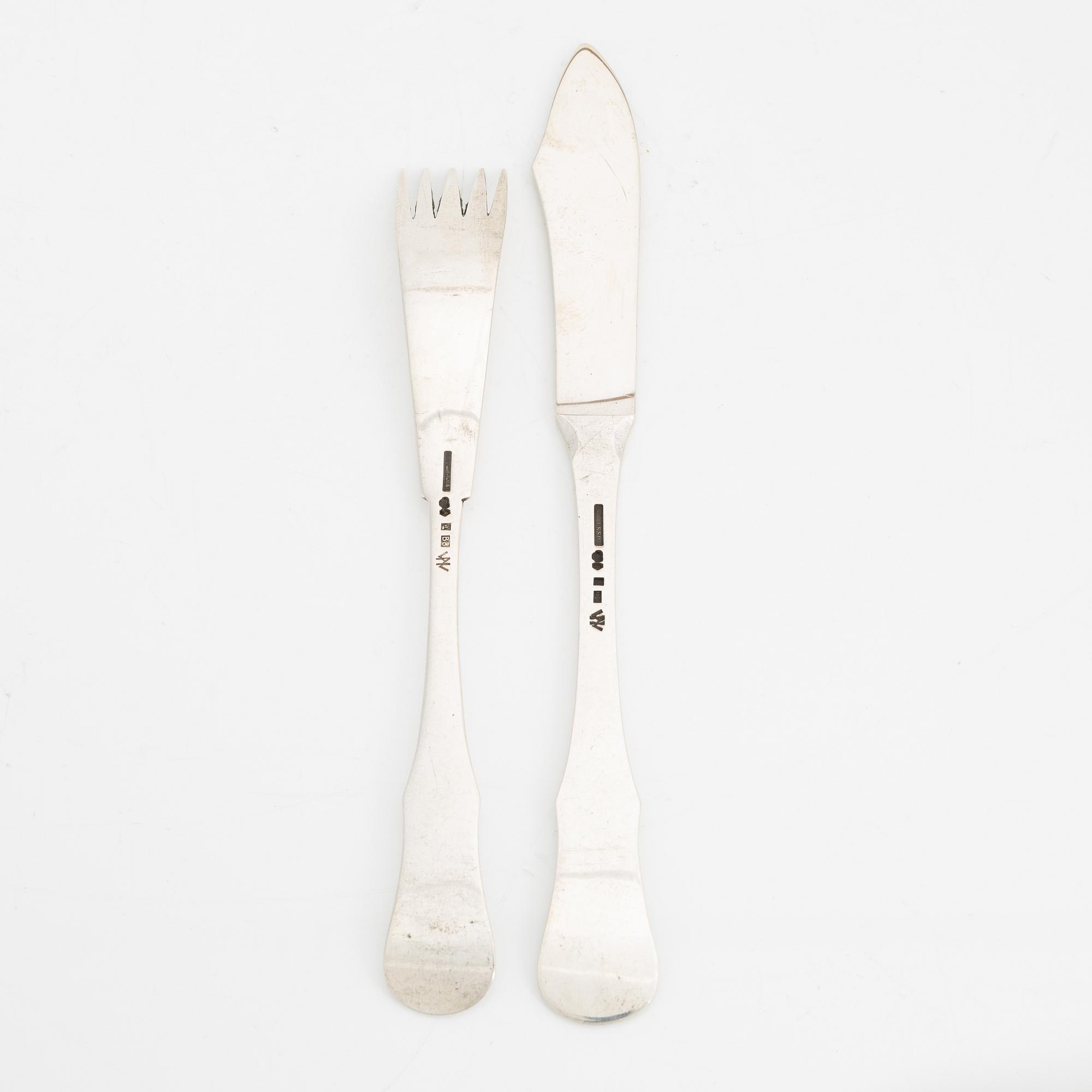 Wiwen Nilsson, fiskkniv samt fiskgaffel, silver, Anders Nilsson, Lund 1928-30.