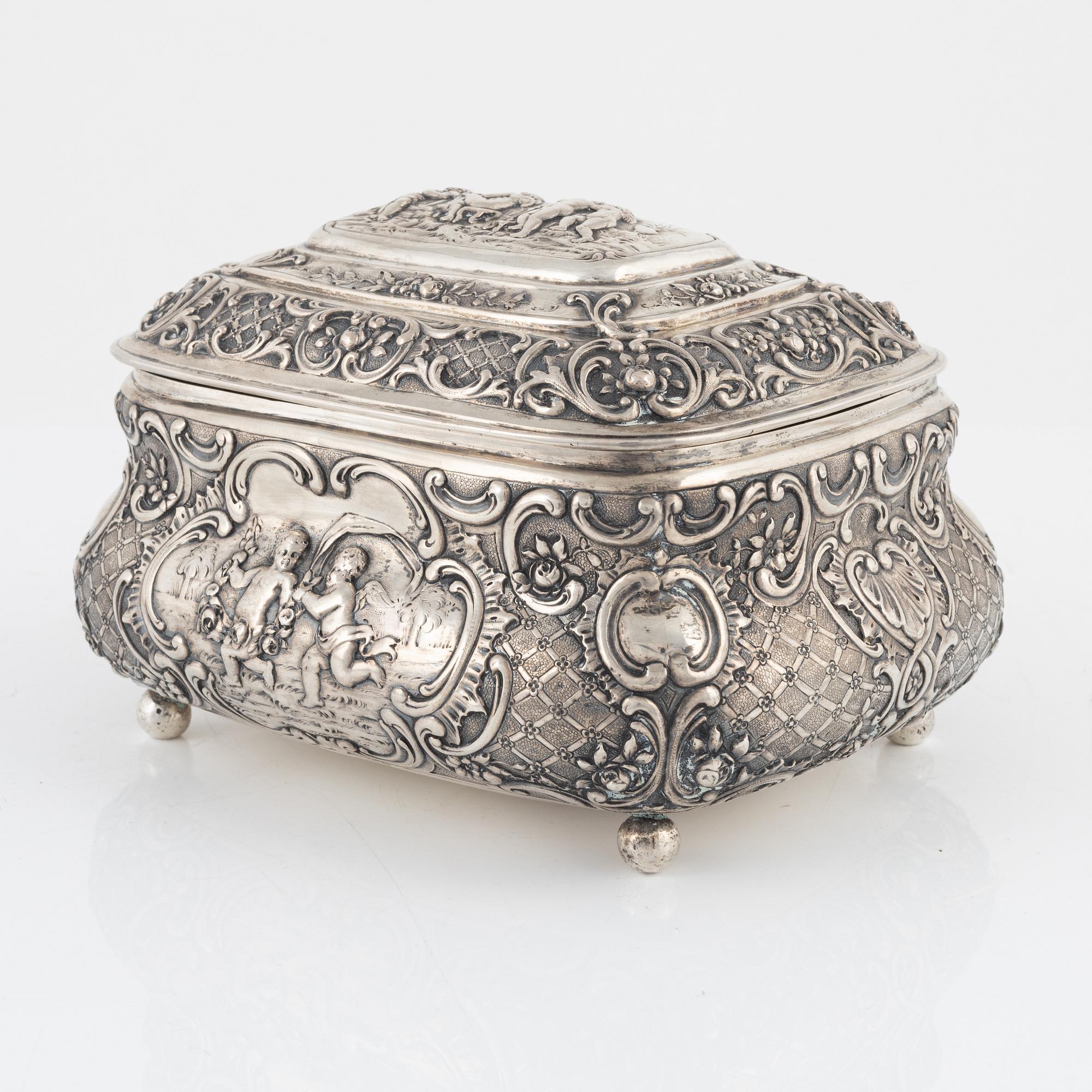 A German Silver 800 Rococo-Style Sugar Box, circa 1900.