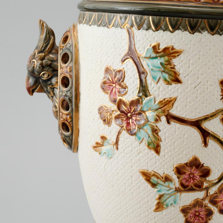 A majolica vase, a flower pot and a jardiniere from Rörstrand, around the year 1900.