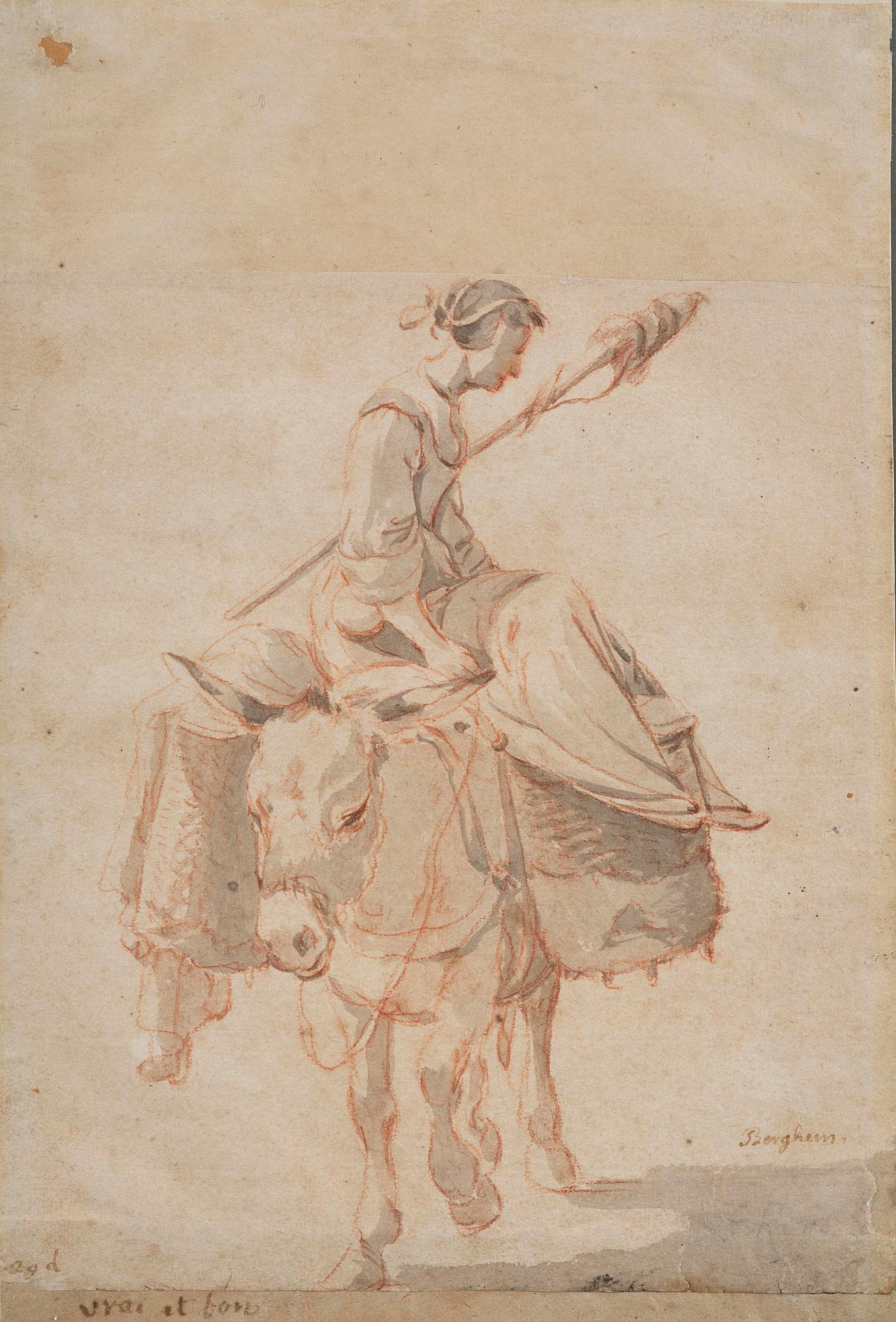 Nicolaes Berchem, Translation: "Woman on a donkey".