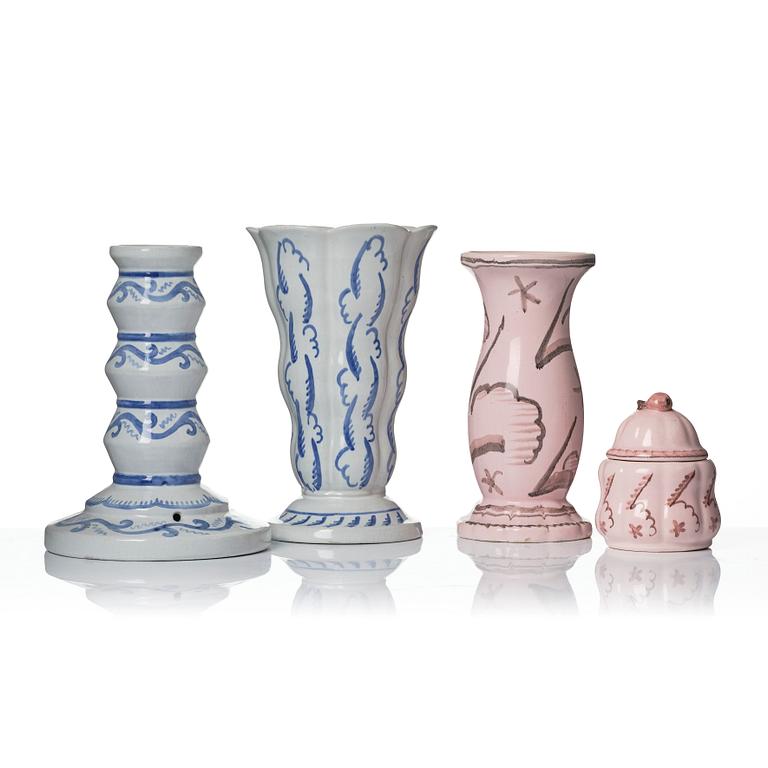 Wilhelm Kåge, Two earthenware vases, a lamp base and a jar with cover, Gustavsberg, Sweden, dated 1920.