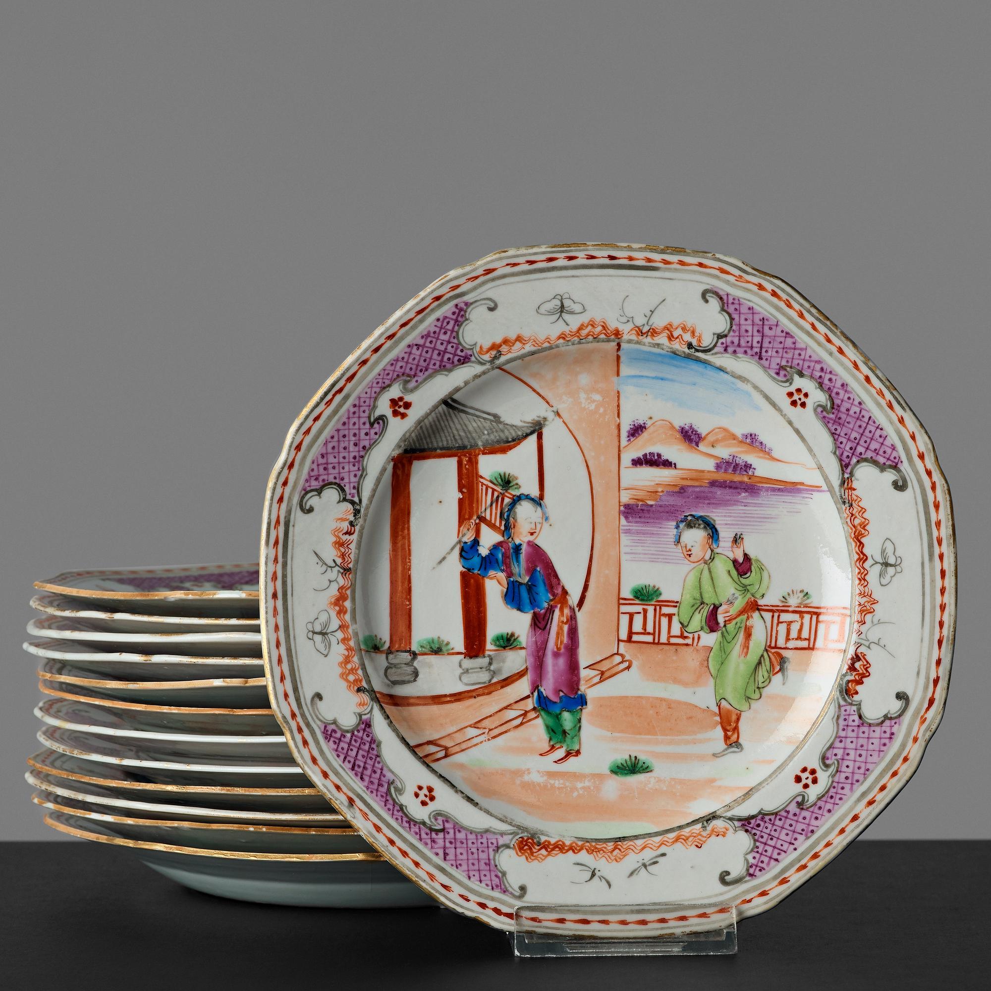 A set of 13 famille rose dessert plates, Qing dynasty, late 18th Century.