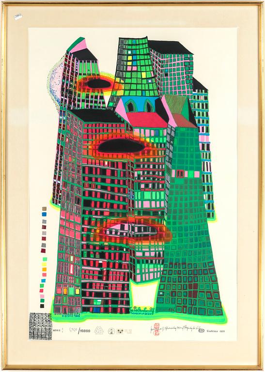 FRIEDENSREICH HUNDERTWASSER, Färgseriegrafi med metallprägling, 1969, signerad med tusch 6720/10000.