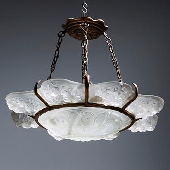 Sabino, an Art Deco moulded glass and bronzed metal chandelier, Paris 1920's-30's.