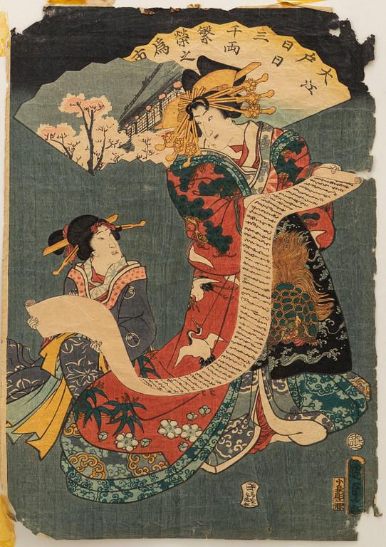 UTAGAWA KUNISADA, (1786–1864), four colored woodblock prints. Japan, 19th century.