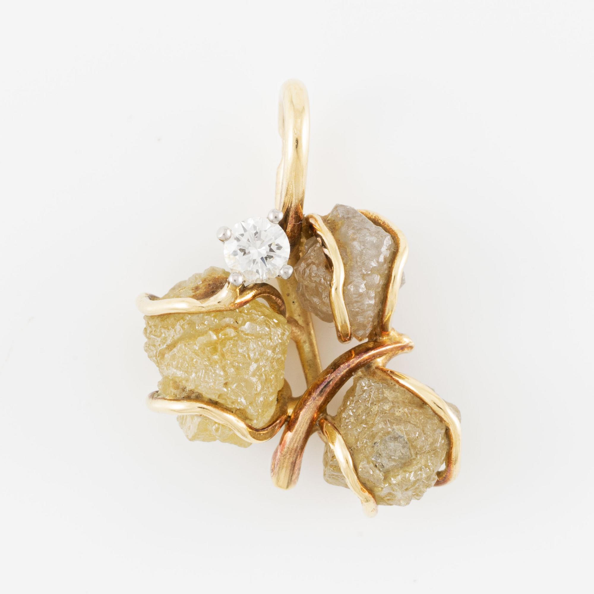 Pendant in 18K gold with rough diamonds and a round brilliant-cut diamond.