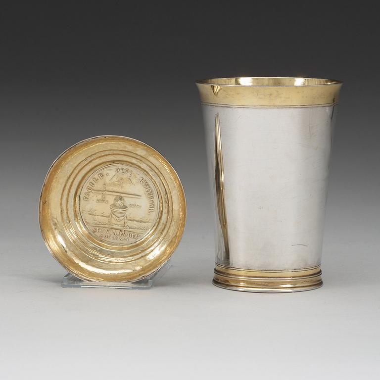 A 18th century parcel-gilt beaker and cover, marks of Michael May, Brassó (Kronstadt 1769-1776).