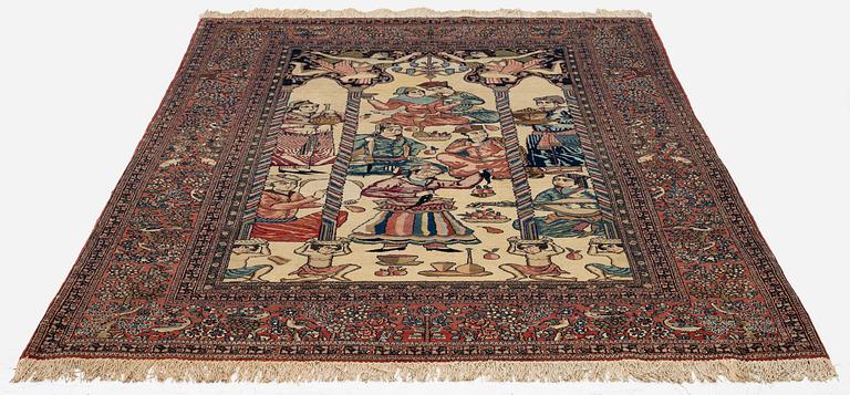 An antique pictoral Isfahan carpet, Central Persia, "Yusuf & Zuleika", c. 208 x 142 cm.