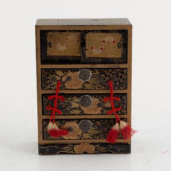 Doll, doll furniture, and table screen, Japan, wood, lacquer and paper, partly Showa, 20th century.