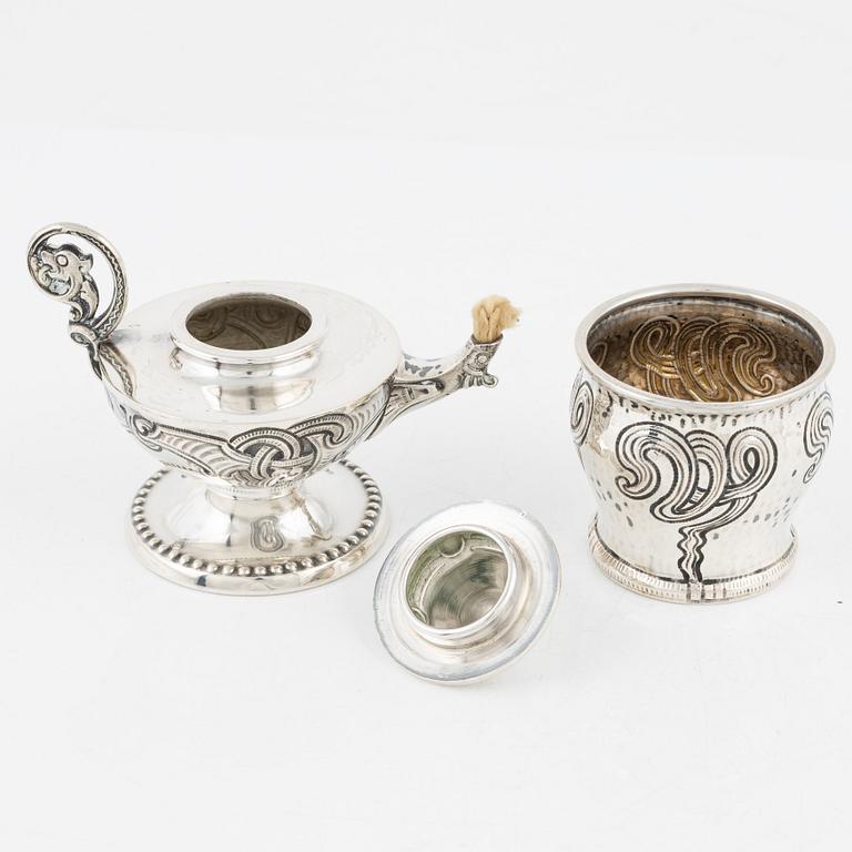 A Norwegian Silver Oil Lamp, makr of NM Thune, Oslo, early 20th century.