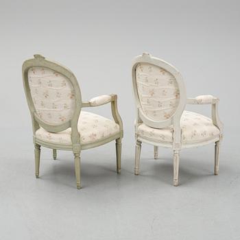 Two armchairs, gustavian and gustavian style, late 18th and early 20th century.