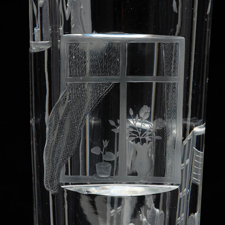 Tapio Wirkkala, a rare engraved "Finestra" glass vase, Iittala, Finland, 1947, model 3220, engraved by Theodor Käppi.