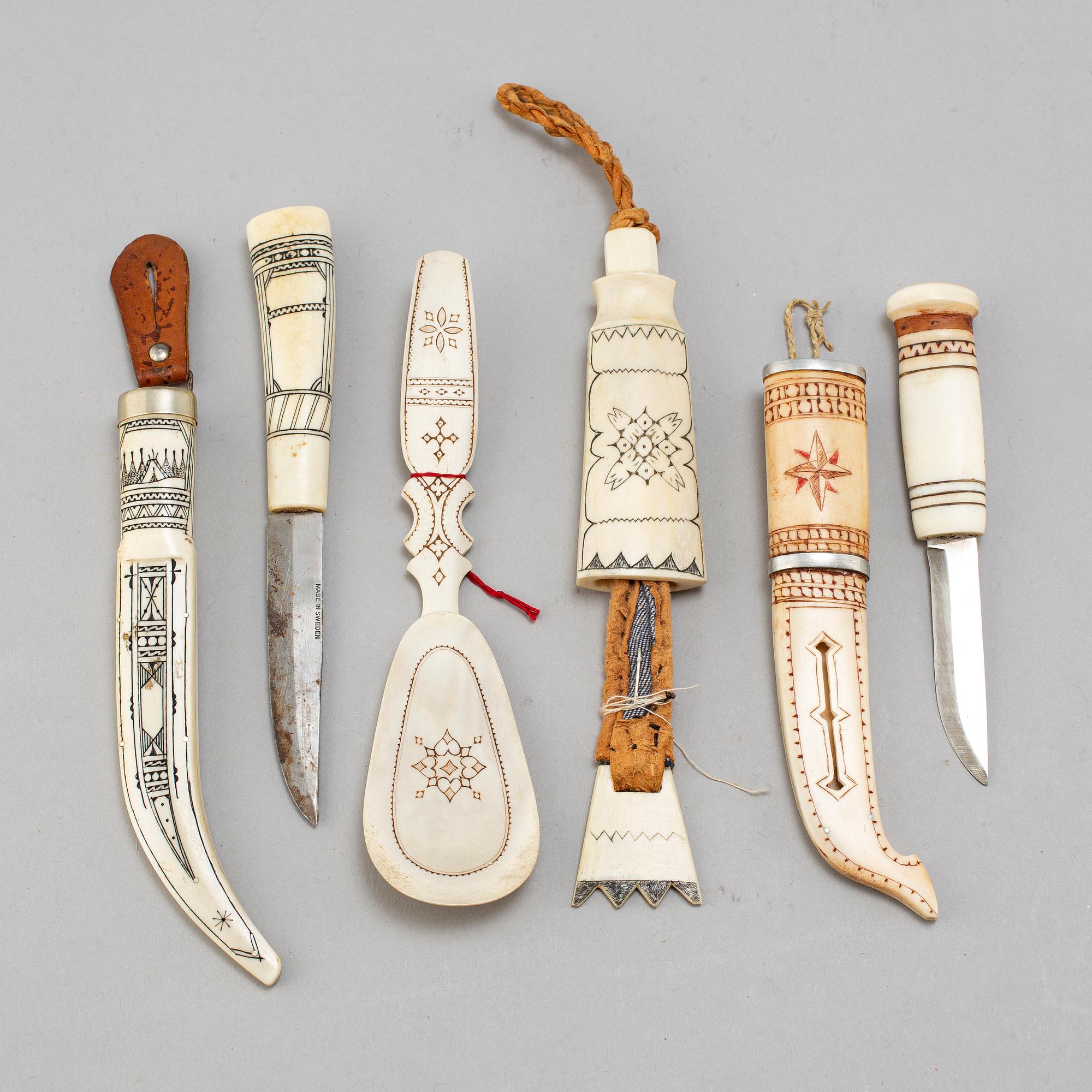 SAMISKT HANTVERK, 4 delar, renhorn, signerade.