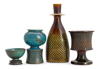 836. A set of three Stig Lindberg stoneware vases and a bowl, Gustavsberg studio 1962-67.