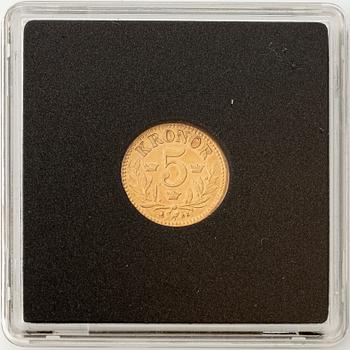 Guldmynt, Oscar II, 5 kronor, typ I, Sverige 1886.