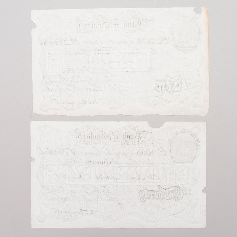 Two 1940s English bank notes, Operation Bernhard German forgeries.