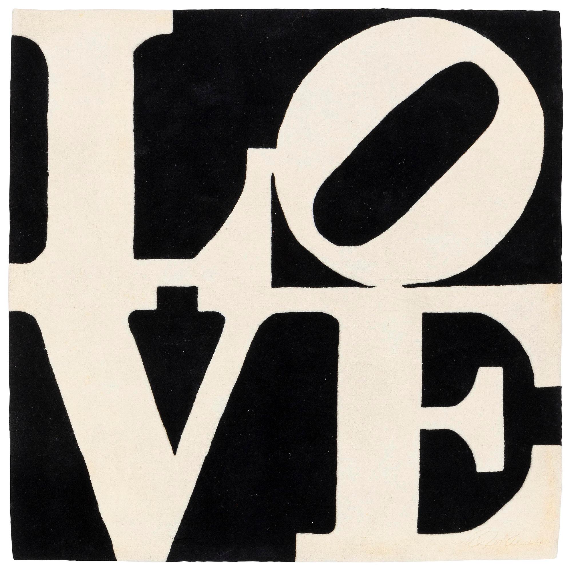 Robert Indiana, a carpet, 'White on Black', Chosen Love, hand tufted, ca 181 x 181 cm.
