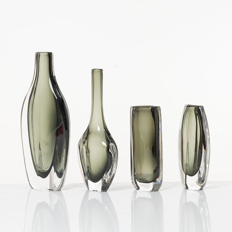 Nils Landberg, a set of four "Sommerso" vases, Orrefors, 1950s-60s.