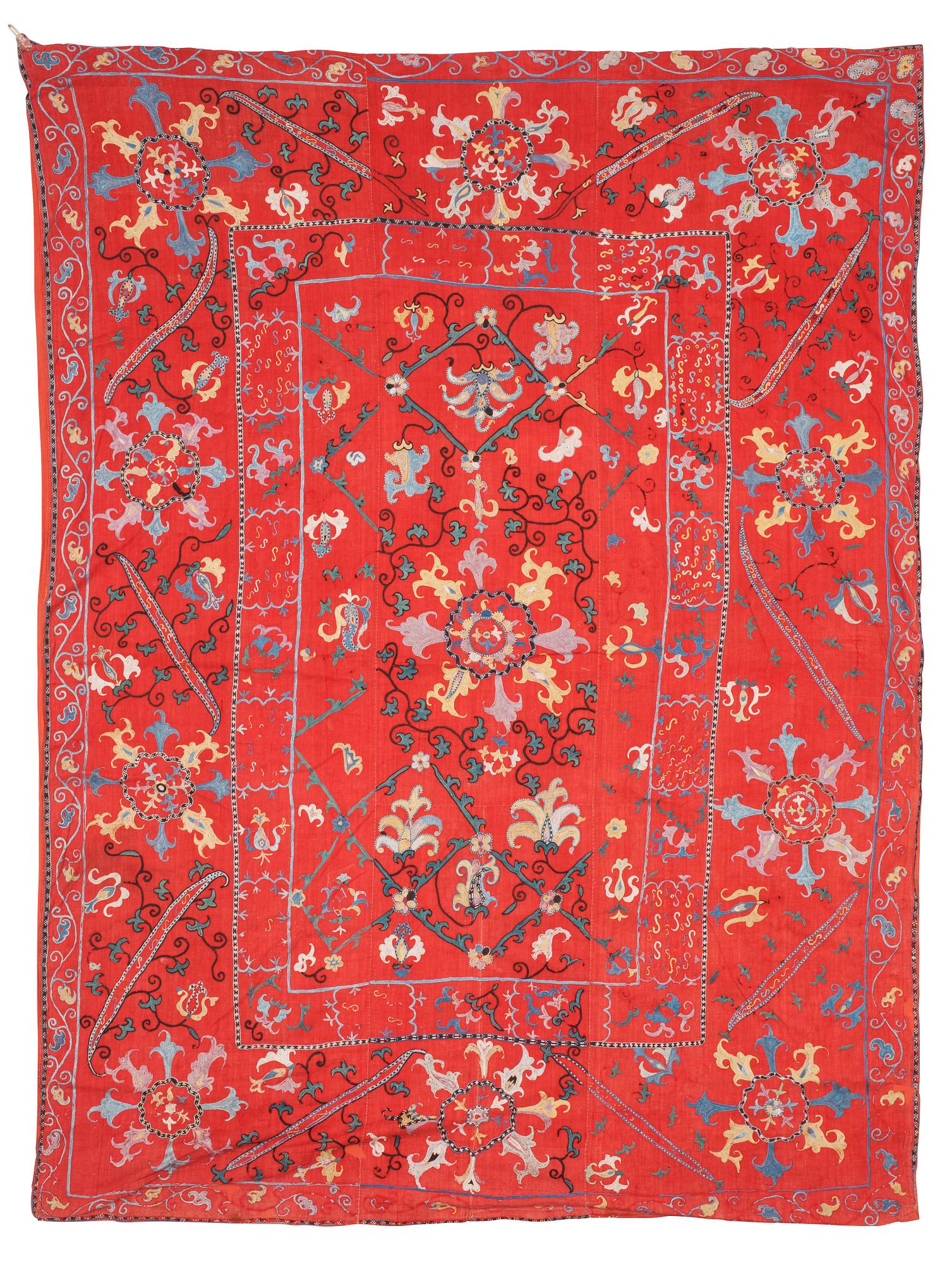 ANTIKT UZBEKISTANSKT SUZANI BRODERI. 222,5 x 165 cm.