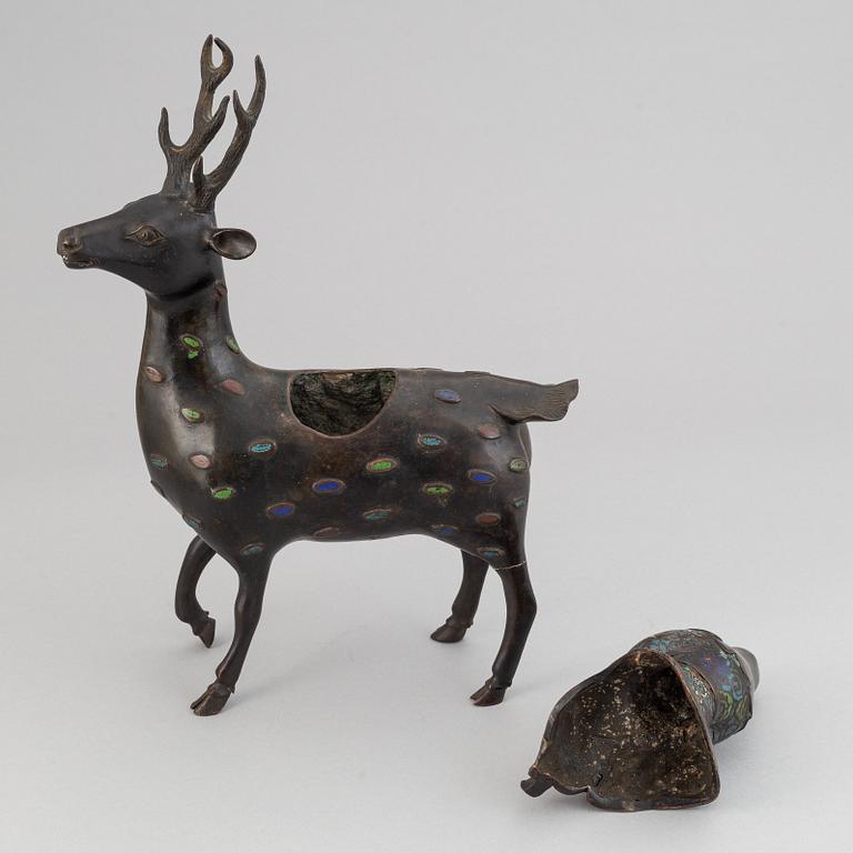 A bronze and enamel cencer in the shape of Shoulao on his deer, late qing dynasty 19th/20th century.