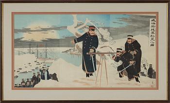 Kobayashi Kiyochika, a woodblock print triptych, late 19th Century.