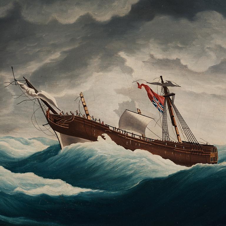 Two Chinese Export paintings of East Indiamen, Qing dynasty, circa 1800.